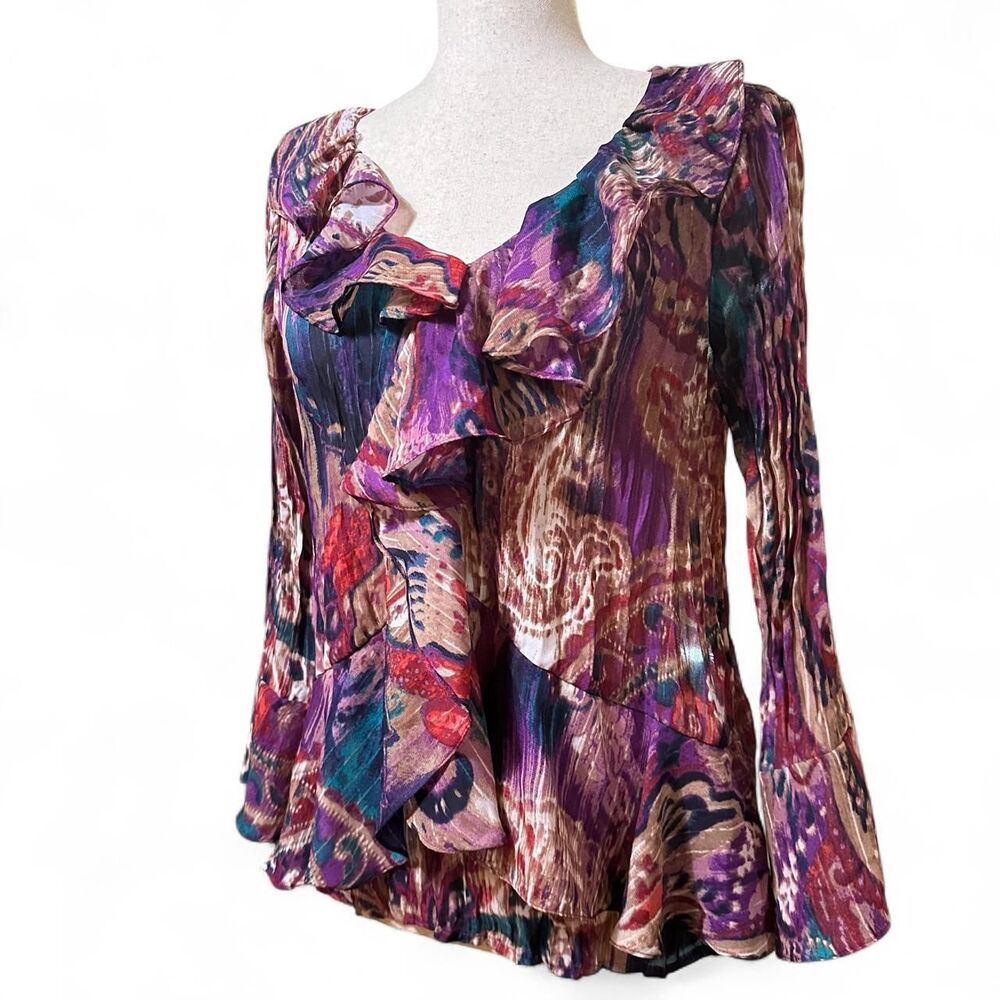 Allison Taylor Abstract Floral Print Purple Bell Sleeve Ruffled Whimsigoth Blous